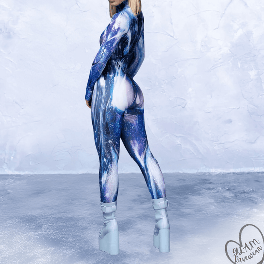 Celestial Ice Full Body Rave Catsuit back view showing the full length fitted silhouette in an icy blue celestial rave outfit