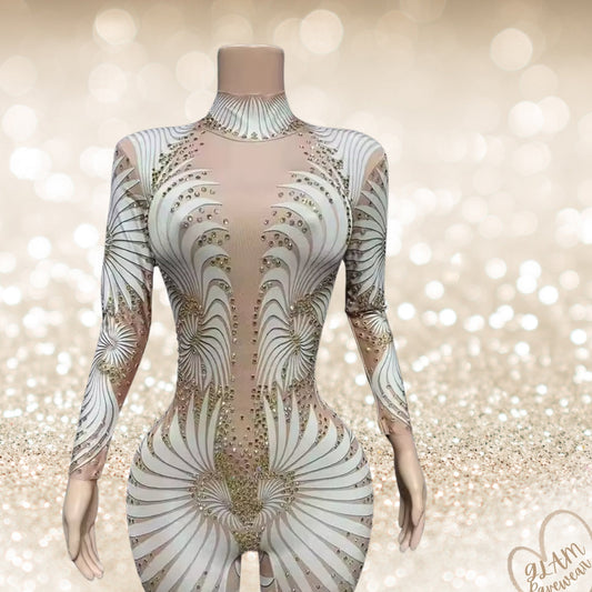 Champagne Shimmer Long Sleeve Sheer Rhinestone Bodysuit Luxury Ravewear by GLAM Ravewear