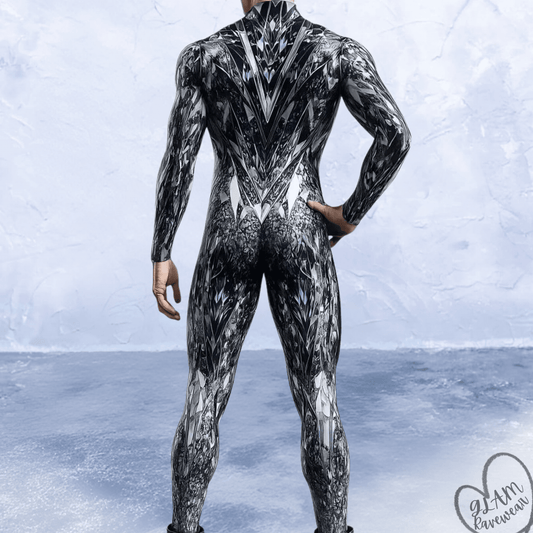 Chrome Illusion MEN Full Body Rave Catsuit back view showing the streamlined silhouette with a futuristic chrome illusion finish