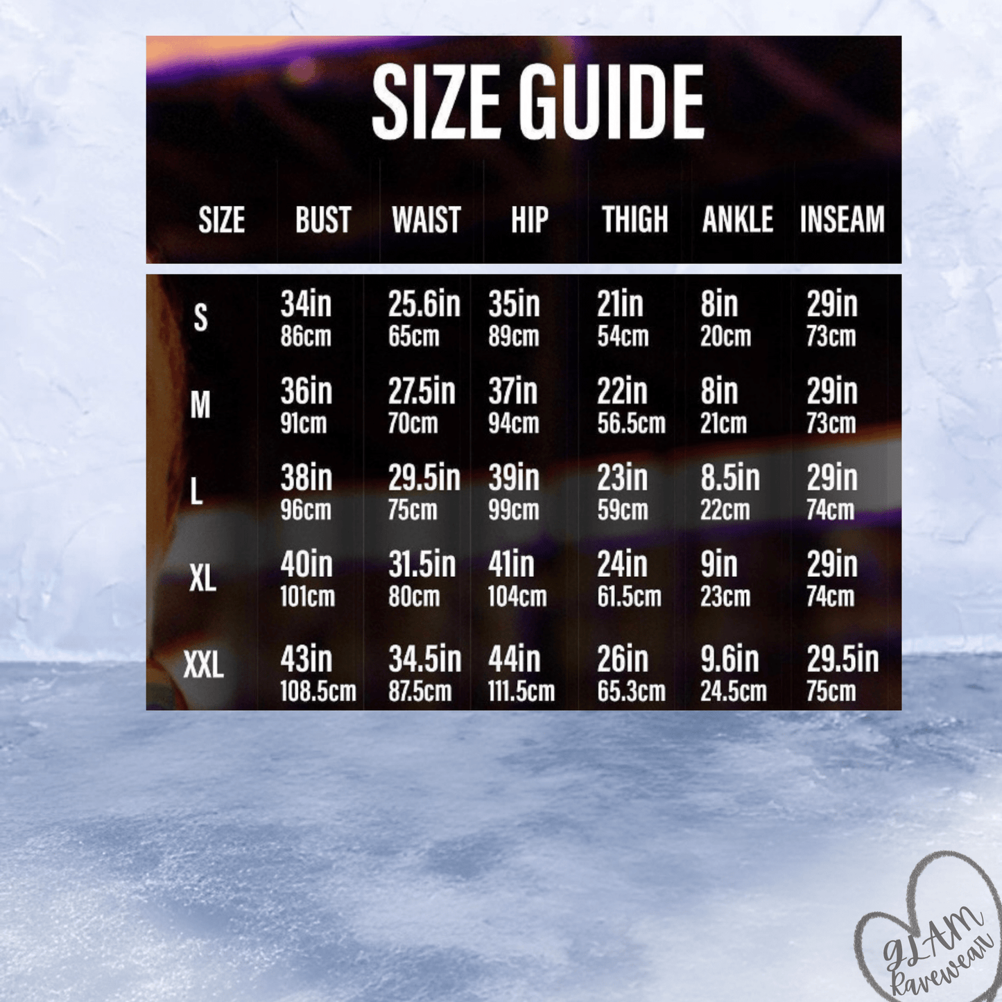 size chart for rave bodysuit