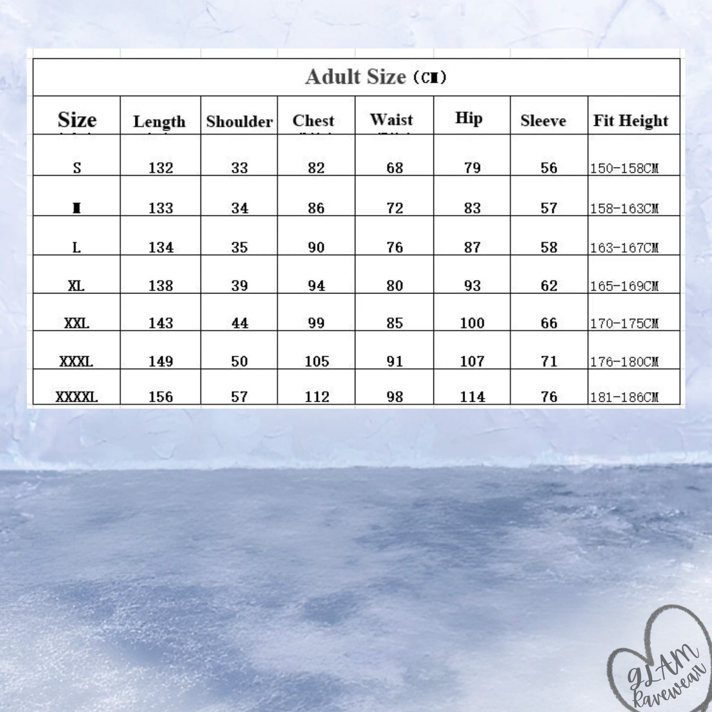 Size chart for the Celestial Ice Full Body Rave Catsuit from GLAM Ravewear with measurements for choosing the best fit