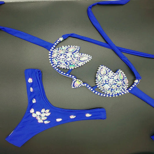 Luxury rhinestone bikini set for women – Diamond Dreams crystal swimwear for festivals, raves, and poolside parties, Blue