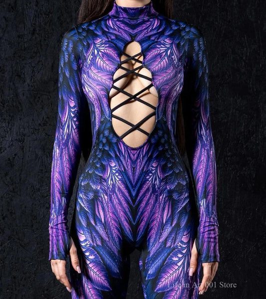 Purple and blue feather print cutout criss-cross long sleeve bodysuit front view.