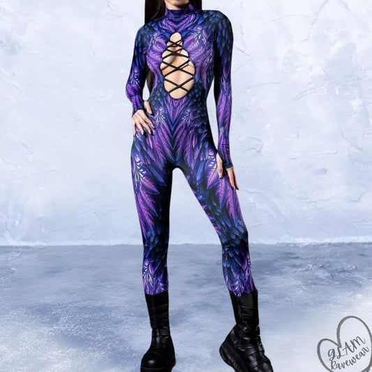 Feather Fantasy Cutout Criss-Cross Long Sleeve Rave Bodysuit