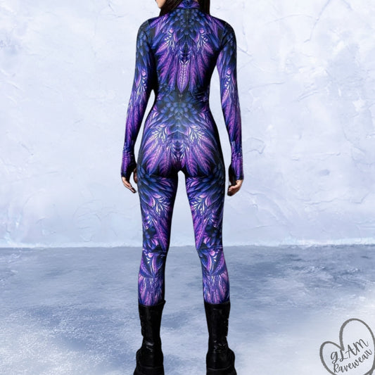 Feather Fantasy Cutout Criss-Cross Long Sleeve Rave Bodysuit