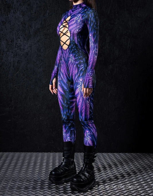 Purple and blue feather print cutout criss-cross long sleeve bodysuit side
view.
