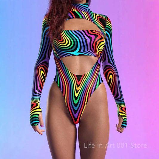 Cosmic Trip Low-Cut Long Sleeve Rave Bodysuit