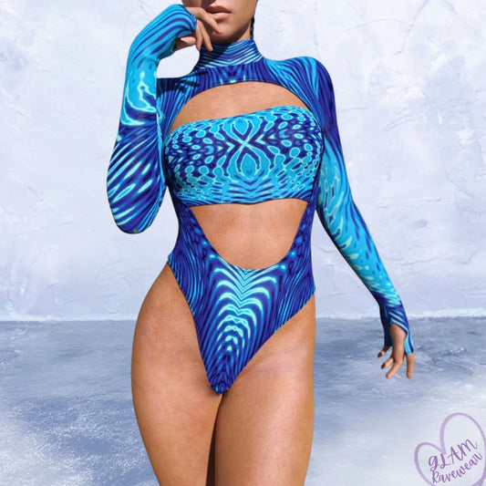 Blue patterned bodysuit worn by a model against a light blue background