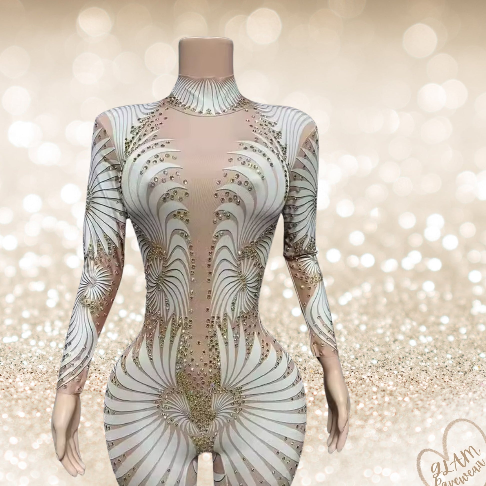 Champagne Shimmer Long Sleeve Sheer Rhinestone Bodysuit Luxury Ravewear by GLAM Ravewear