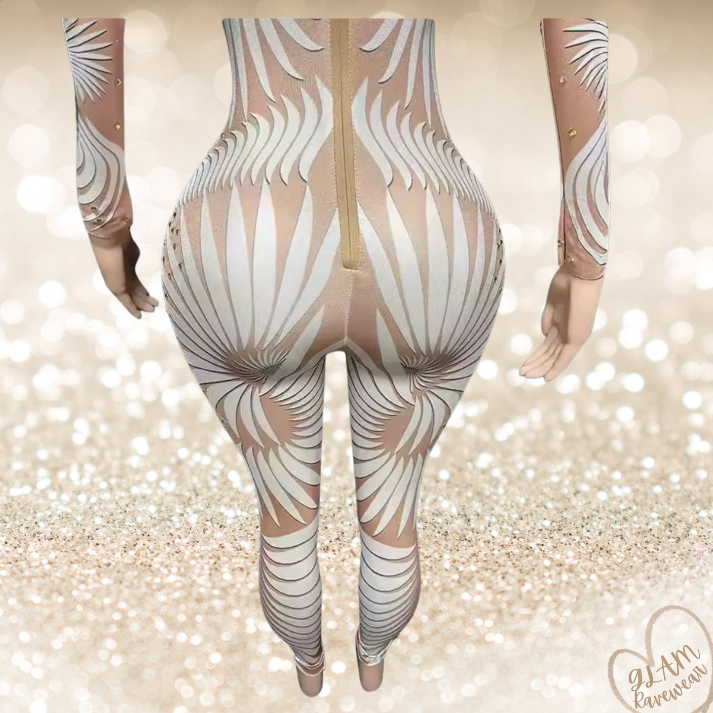 Champagne Shimmer Long Sleeve Sheer Rhinestone Bodysuit Luxury Ravewear by GLAM Ravewear