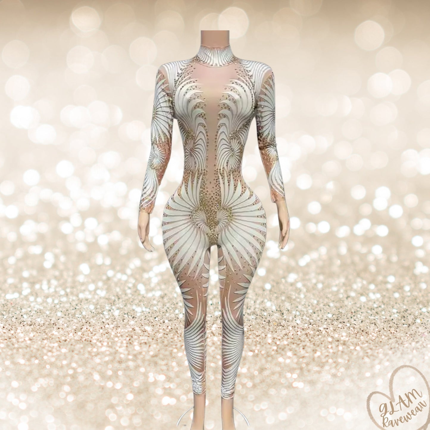 Champagne Shimmer Long Sleeve Sheer Rhinestone Bodysuit Luxury Ravewear by GLAM Ravewear
