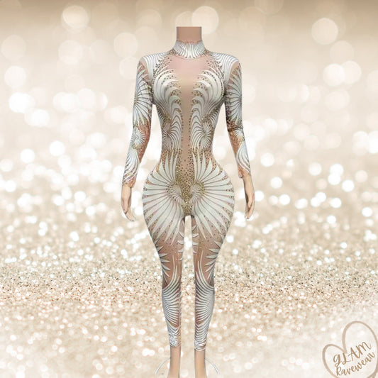 Champagne Shimmer Long Sleeve Sheer Rhinestone Bodysuit Luxury Ravewear by GLAM Ravewear