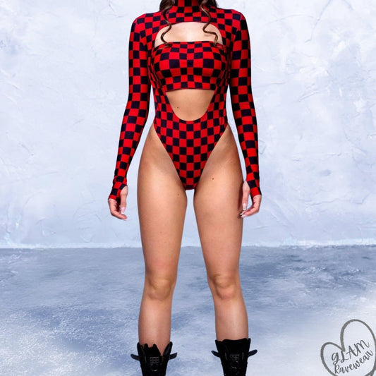 Checkmate Low - Cut Long Sleeve Rave Bodysuit Luxury Ravewear by GLAM Ravewear