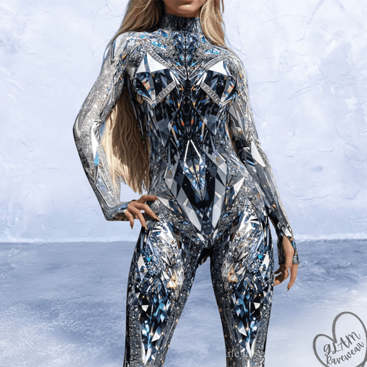 Close-up detail of Chrome Illusion Full Body Rave Catsuit highlighting the shiny metallic illusion fabric and texture