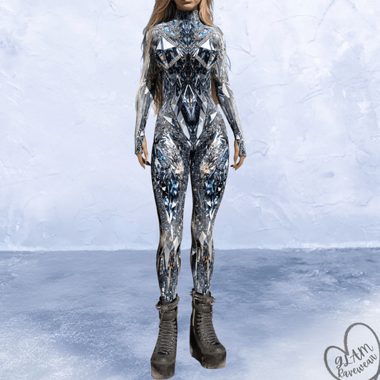 Chrome Illusion Full Body Rave Catsuit front view featuring a sleek metallic chrome effect and body-hugging festival outfit