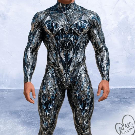 Chrome Illusion MEN Full Body Rave Catsuit front view featuring a sleek metallic chrome effect and fitted festival outfit design