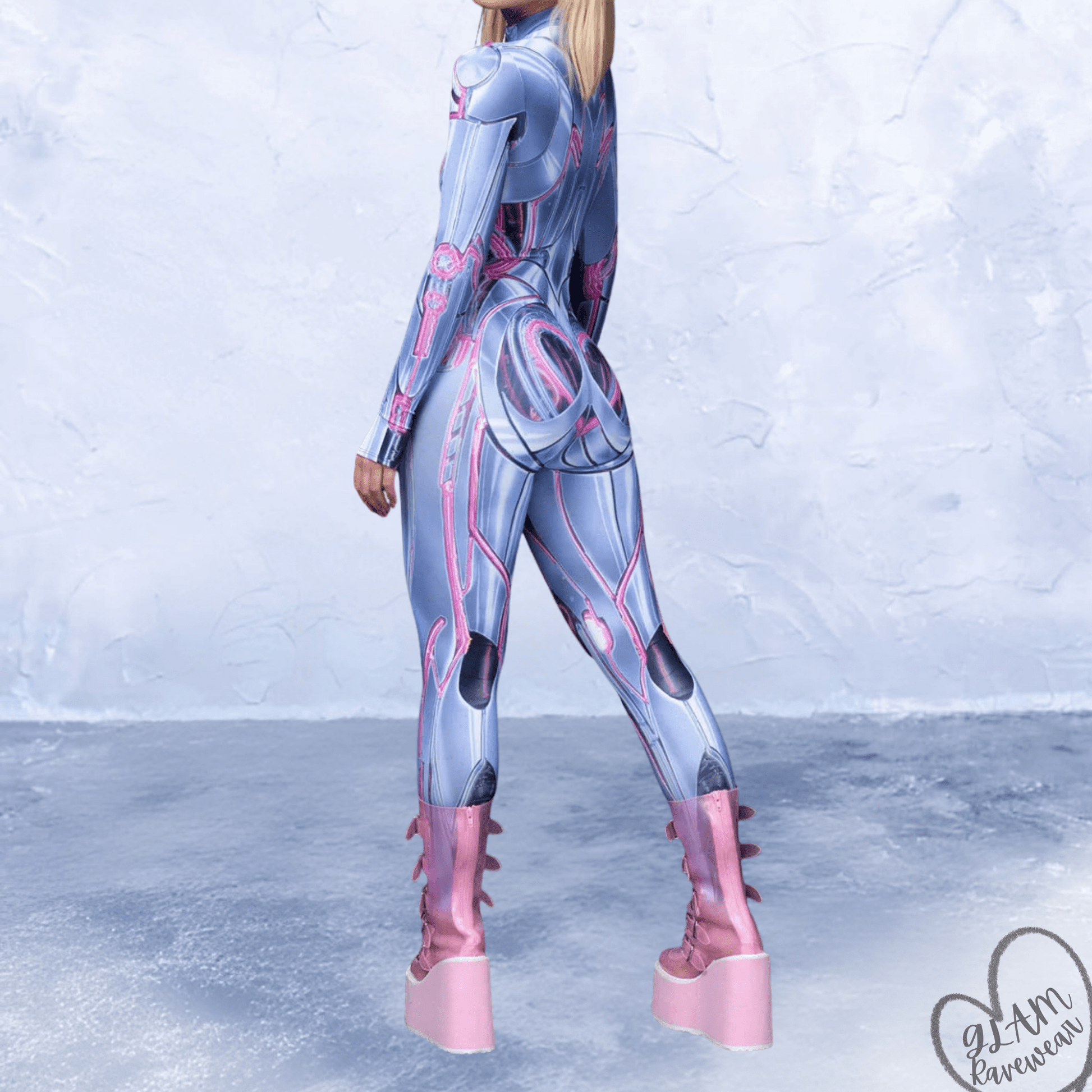 cyber sweetheart rave catsuit bodysuit back view full length futuristic festival outfit women
