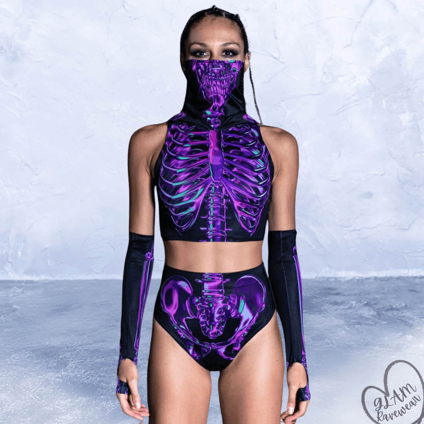 Cyberpunk Skull Print Psychedelic Two - Piece Rave Outfit Set Luxury Ravewear by GLAM Ravewear