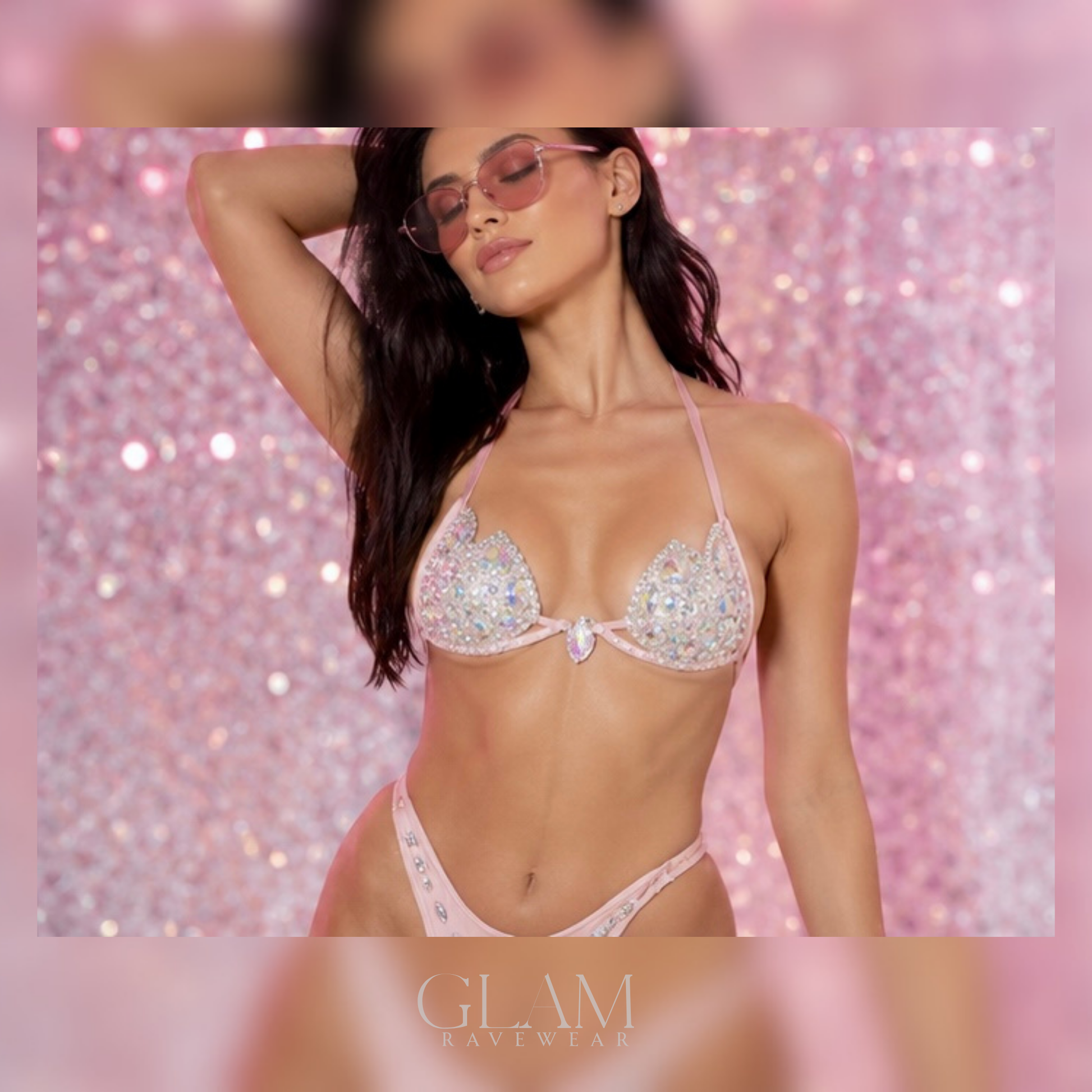Baby pink Diamond Dreams rhinestone festival outfit shown in a front-view product image with shimmering crystal embellishments, matching two-piece design, and luxury GLAM Ravewear styling.