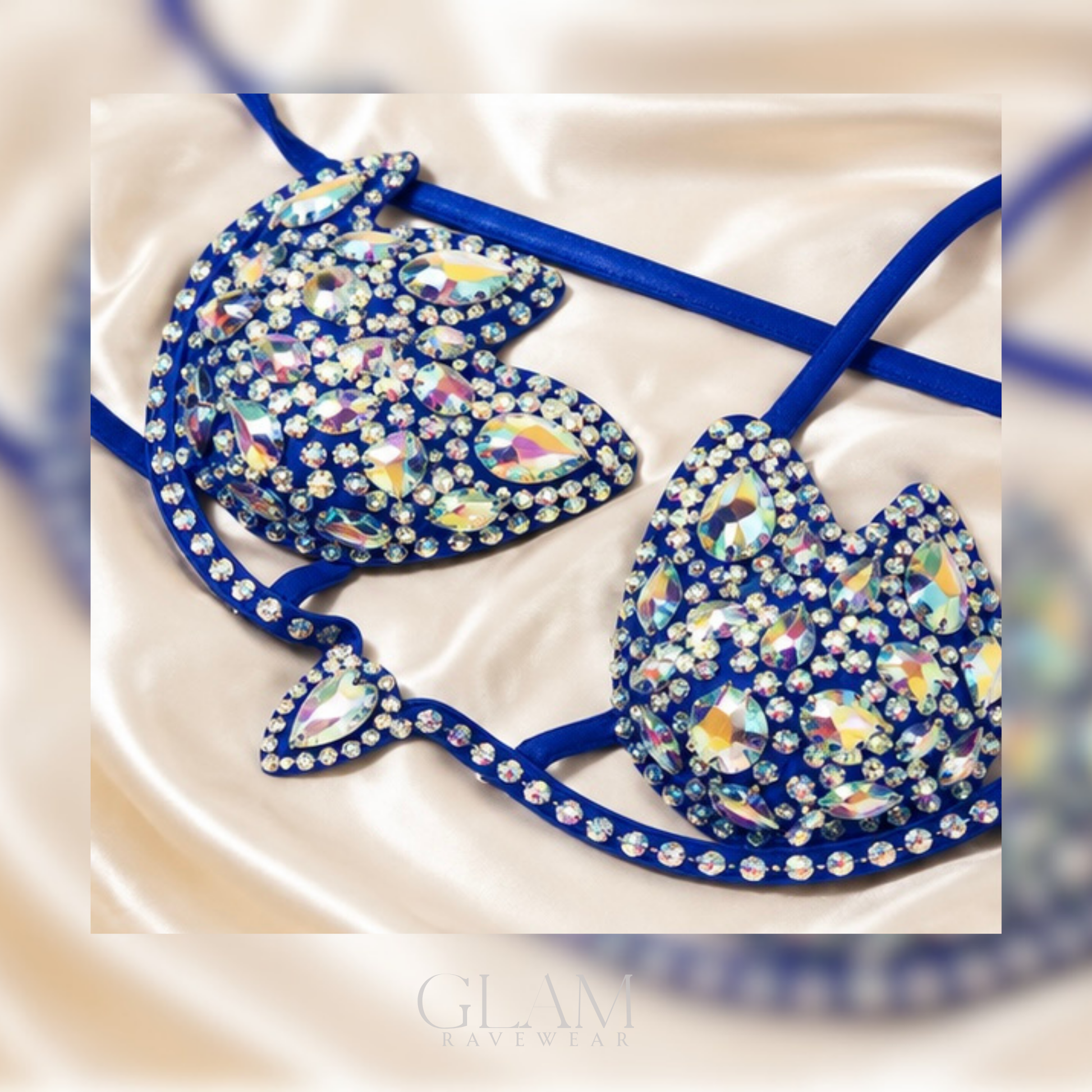 Blue Diamond Dreams rhinestone festival bikini top shown in a flat lay with shimmering crystal embellishments, glam styling, and luxury GLAM Ravewear aesthetic.
