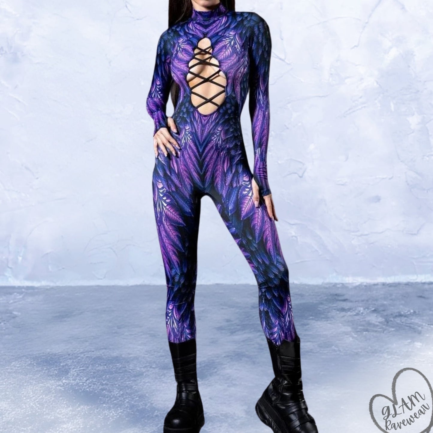 Feather Fantasy Cutout Criss - Cross Long Sleeve Rave Bodysuit Luxury Ravewear by GLAM Ravewear