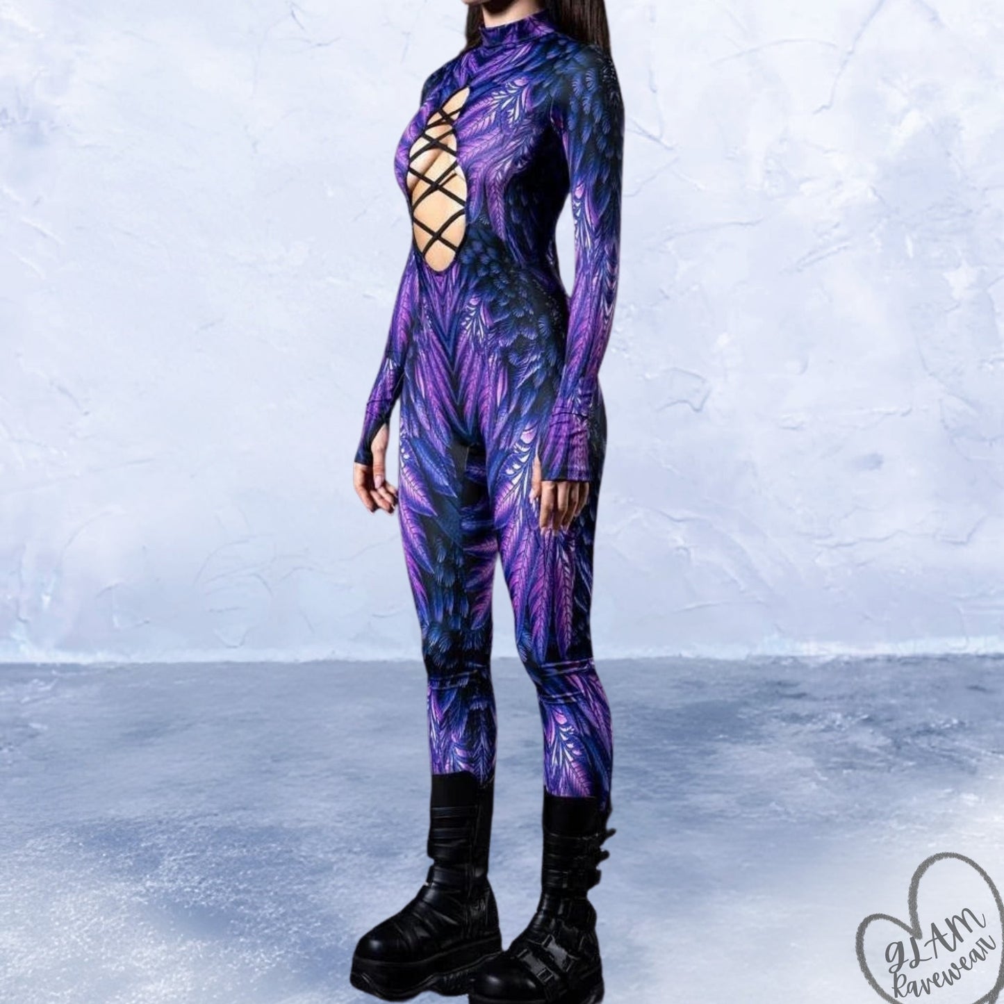 Feather Fantasy Cutout Criss - Cross Long Sleeve Rave Bodysuit Luxury Ravewear by GLAM Ravewear