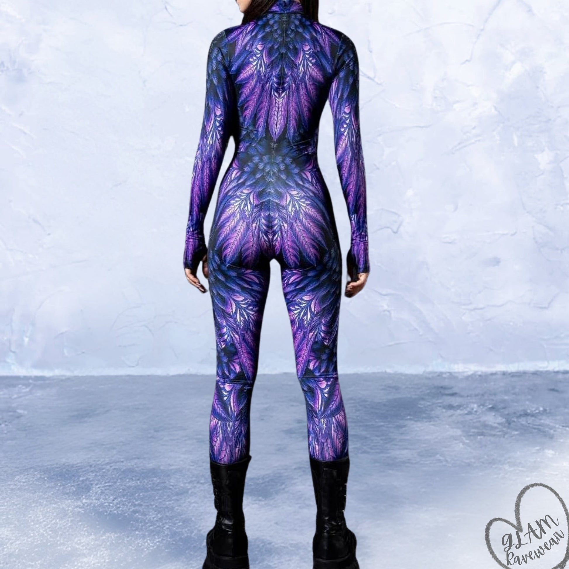 Feather Fantasy Cutout Criss - Cross Long Sleeve Rave Bodysuit Luxury Ravewear by GLAM Ravewear