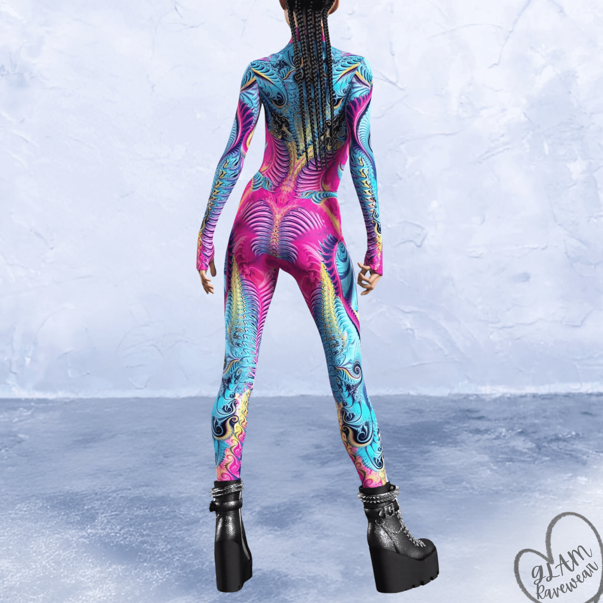fractal mirage rave catsuit bodysuit back view full length psychedelic festival outfit women