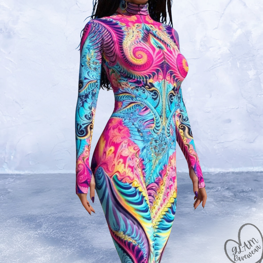 fractal mirage psychedelic bodysuit detail close up fractal illusion print ravewear