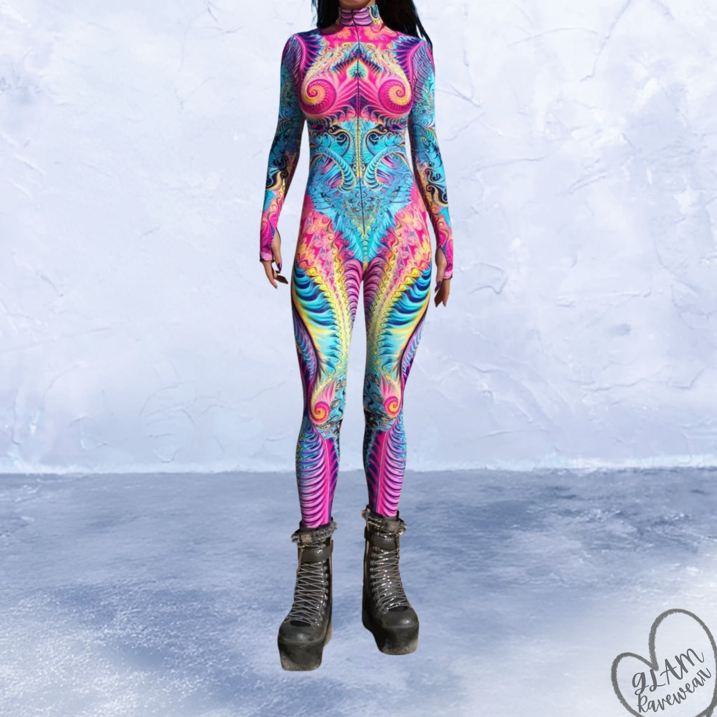 fractal mirage full body rave catsuit bodysuit front view psychedelic festival outfit glam ravewear