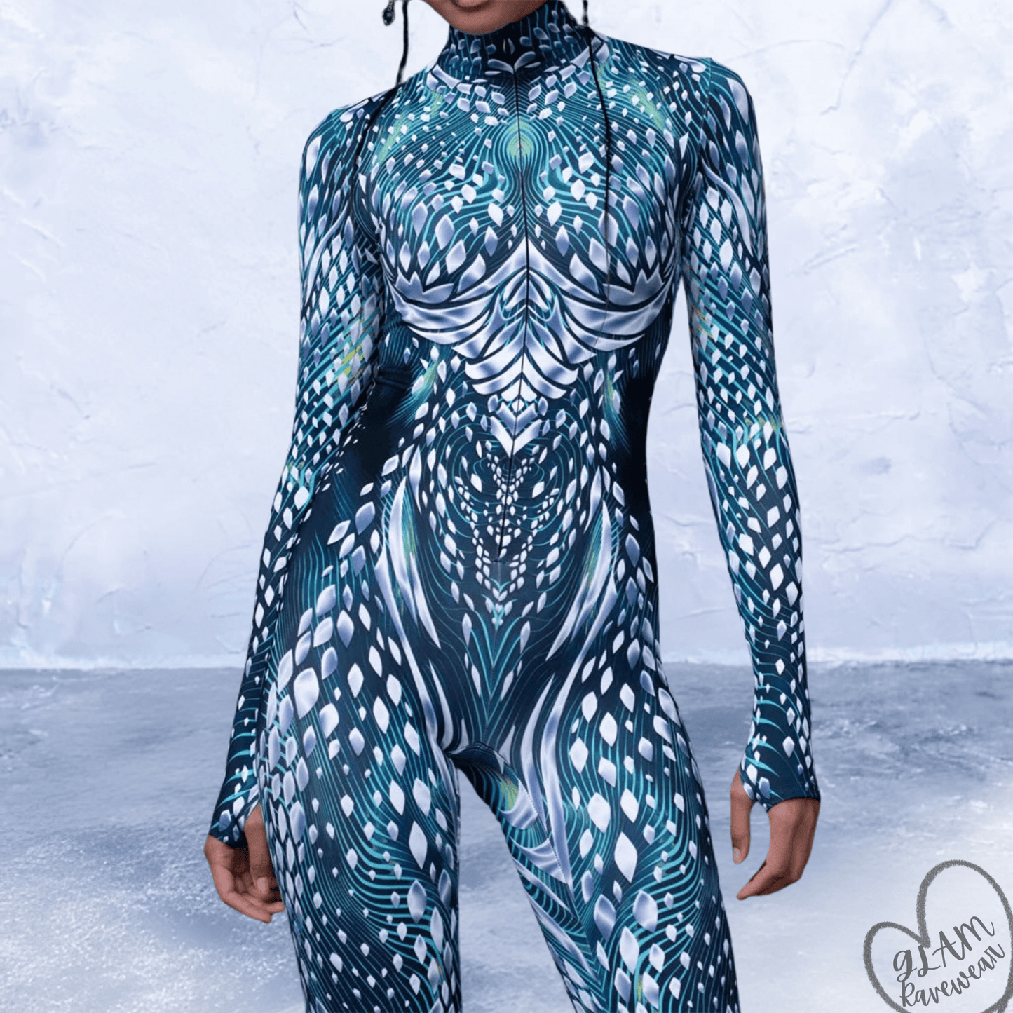fractal tide psychedelic bodysuit detail close up wave fractal print ravewear