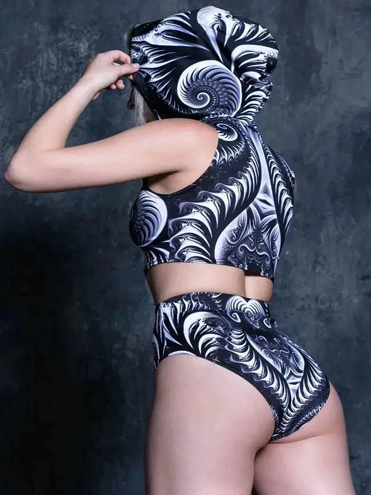 Fractal Void – Black & White Psychedelic High - Waisted Rave Set Luxury Ravewear by GLAM Ravewear