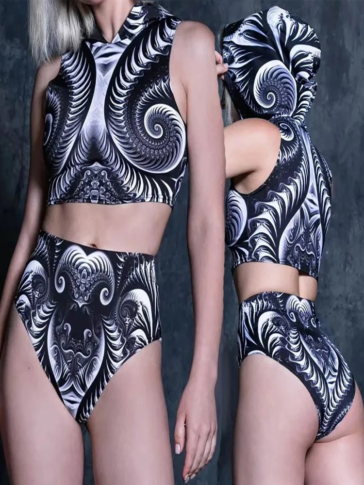 Fractal Void – Black & White Psychedelic High - Waisted Rave Set Luxury Ravewear by GLAM Ravewear
