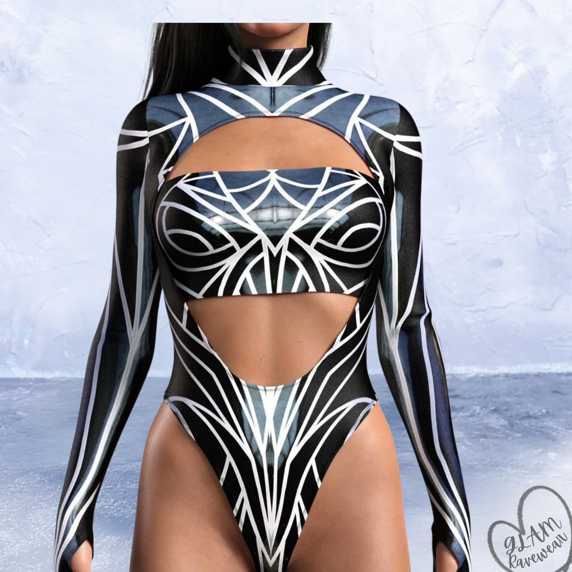 Galactic Glitz Low - Cut Long Sleeve Rave Bodysuit Luxury Ravewear by GLAM Ravewear