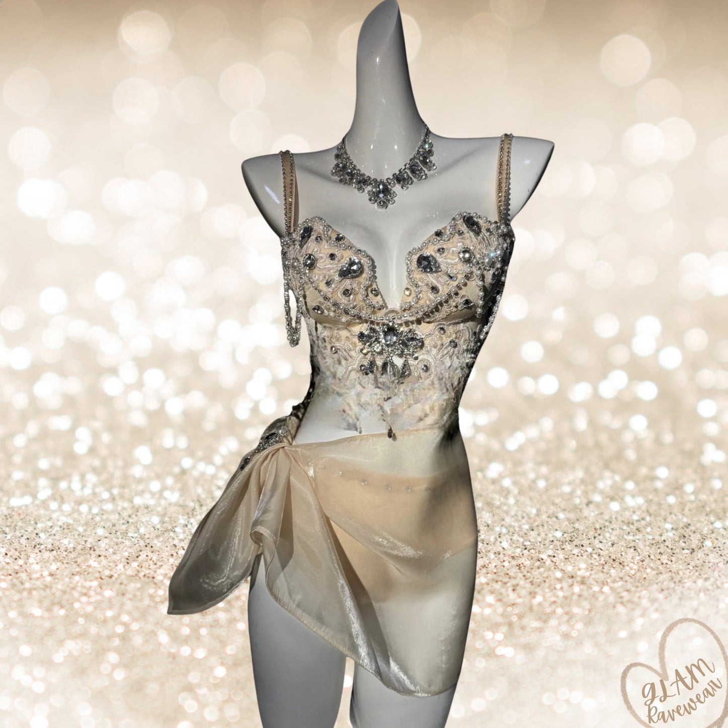 Goddess Glow – Nude Luxury Rhinestone Rave Bra & Sheer Mesh Skirt Set Luxury Ravewear by GLAM Ravewear