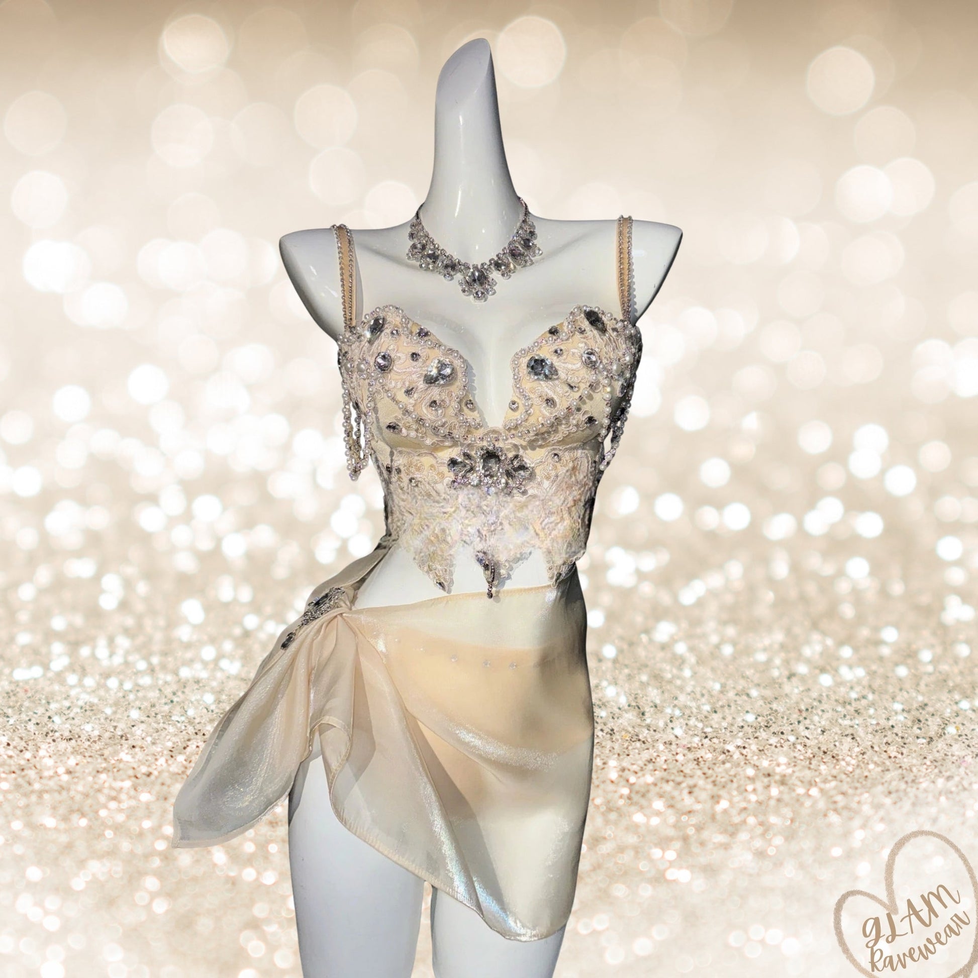 Goddess Glow – Nude Luxury Rhinestone Rave Bra & Sheer Mesh Skirt Set Luxury Ravewear by GLAM Ravewear
