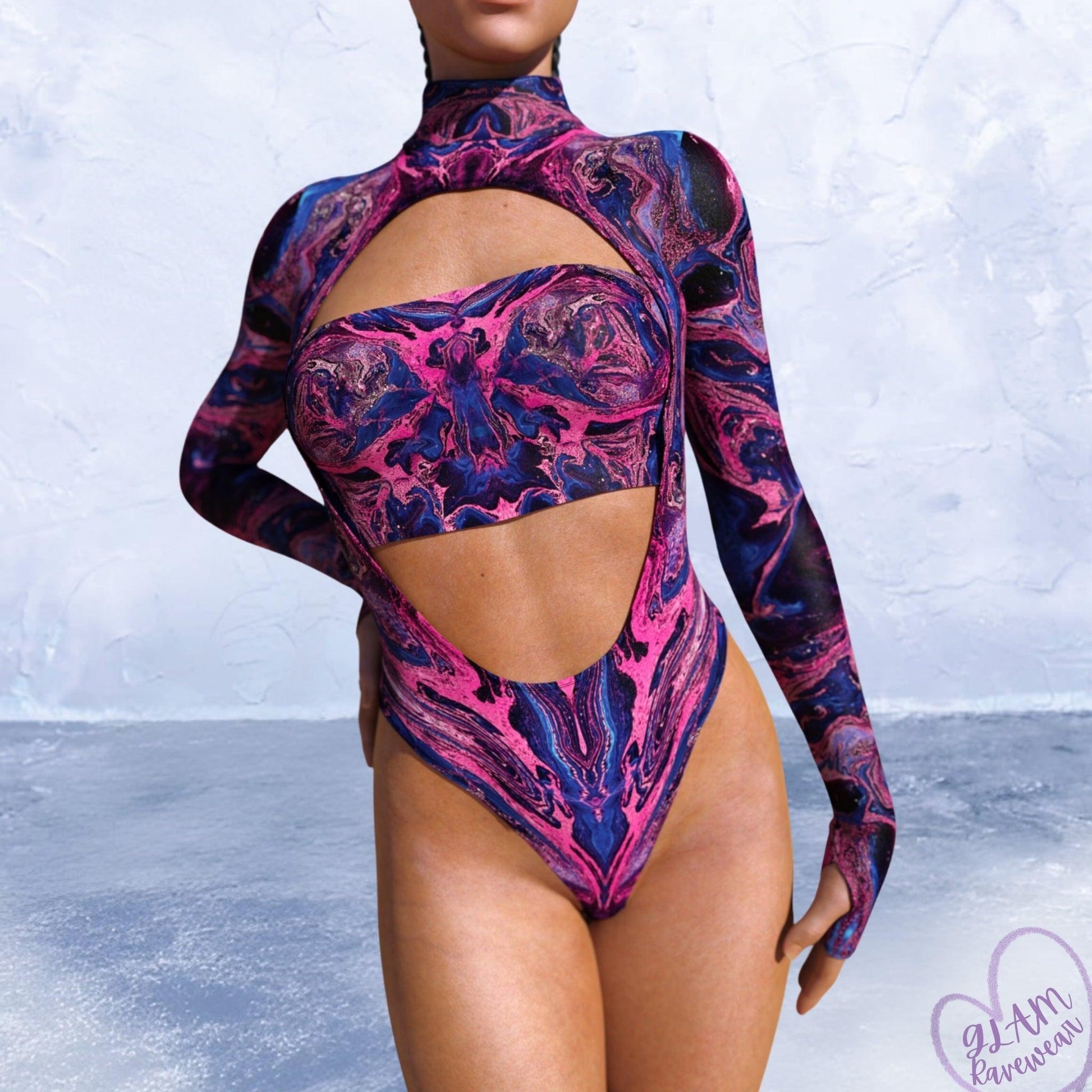 KaleidoBabe Low - Cut Long Sleeve Rave Bodysuit Luxury Ravewear by GLAM Ravewear