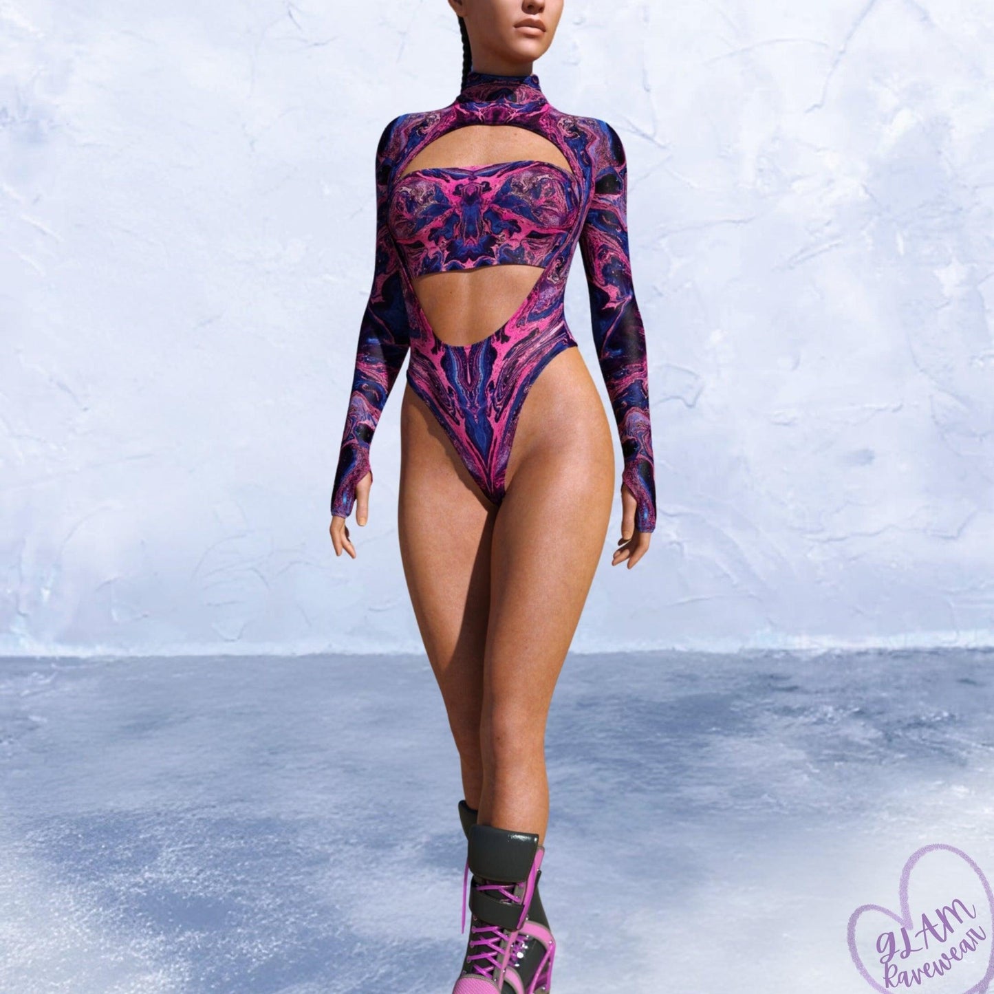 KaleidoBabe Low - Cut Long Sleeve Rave Bodysuit Luxury Ravewear by GLAM Ravewear