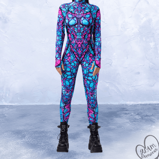 Person wearing a colorful bodysuit with a geometric pattern on a white background