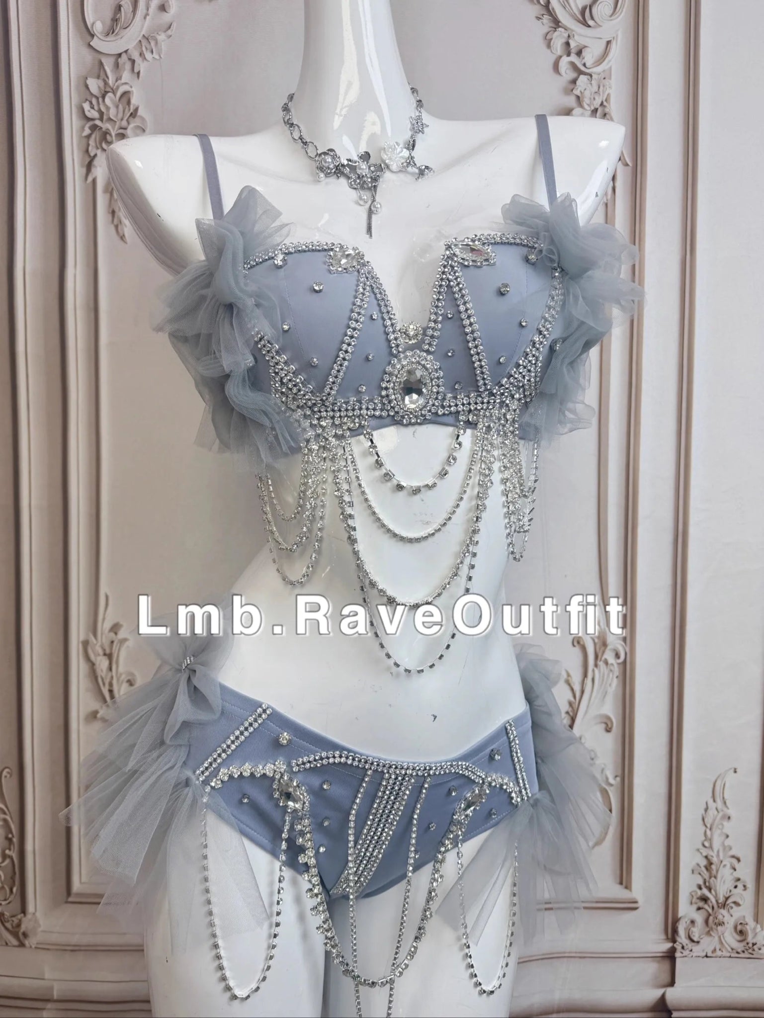 Light Gray Diamond Chain Luxury Bikini Set Luxury Ravewear by GLAM Ravewear