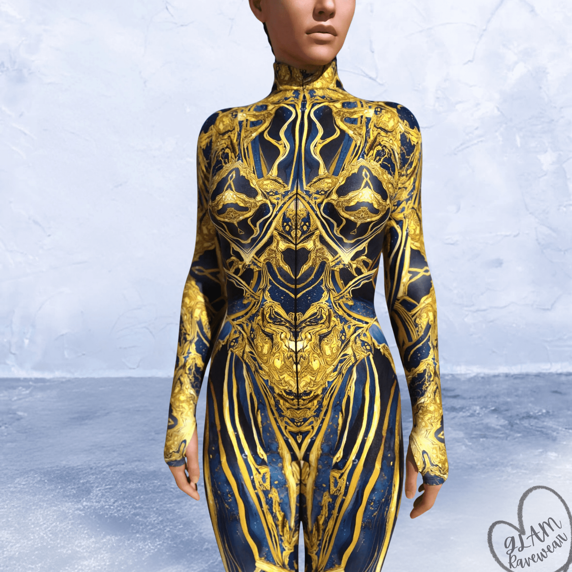 midnight pharaoh rave bodysuit detail close up Egyptian pattern festival outfit