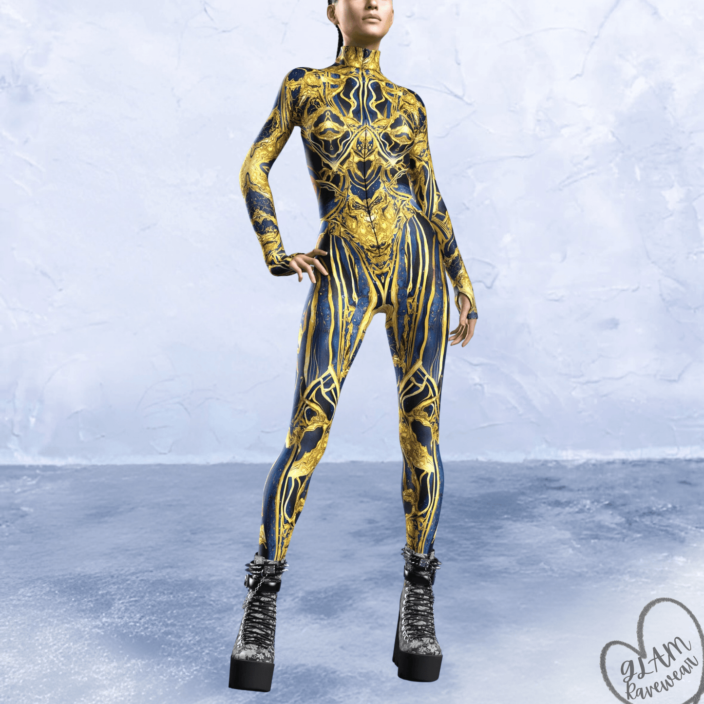 Person wearing a gold and black patterned bodysuit on a light blue background