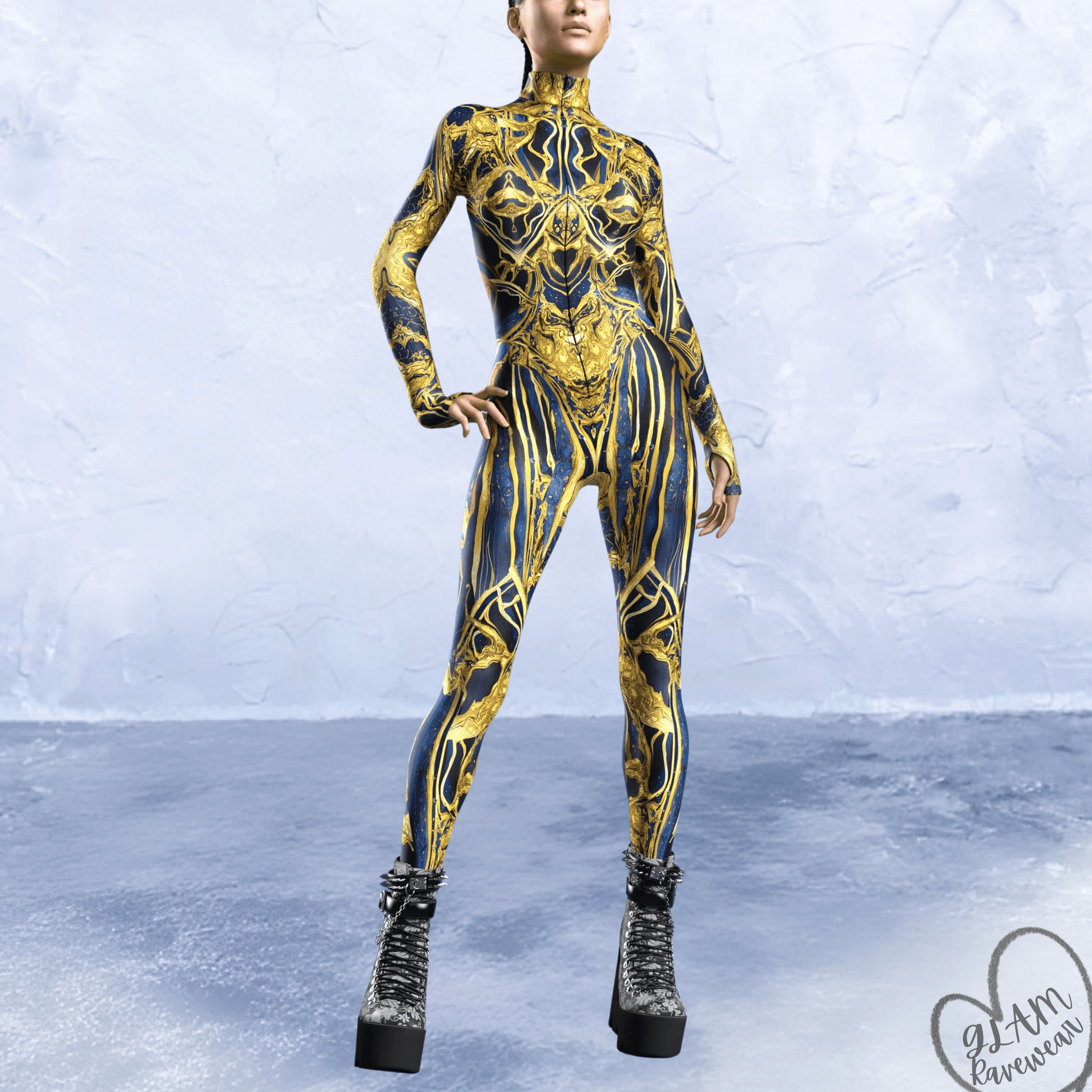 Person wearing a gold and black patterned bodysuit on a light blue background