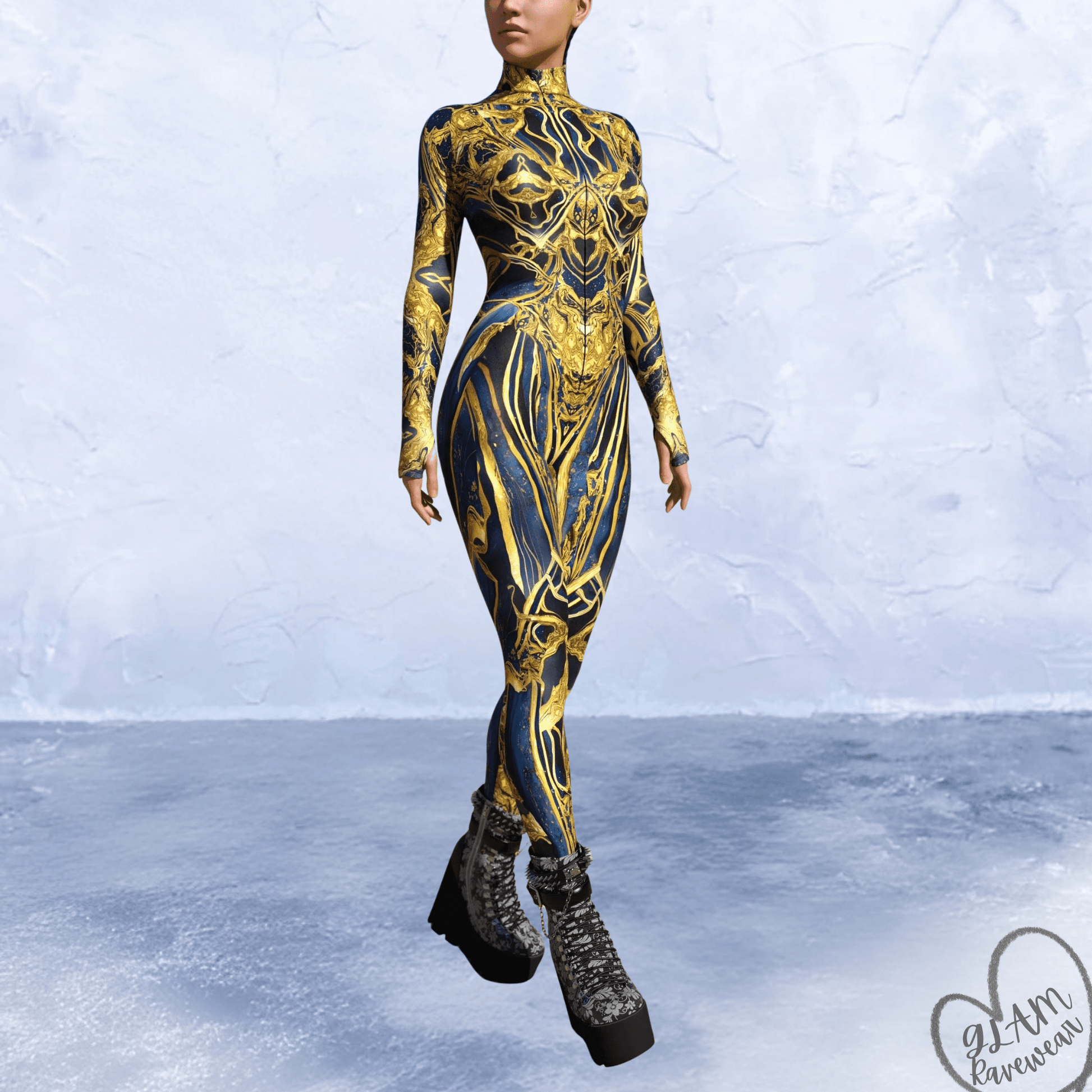 midnight pharaoh full body rave catsuit bodysuit front view egyptian inspired festival outfit glam ravewear
