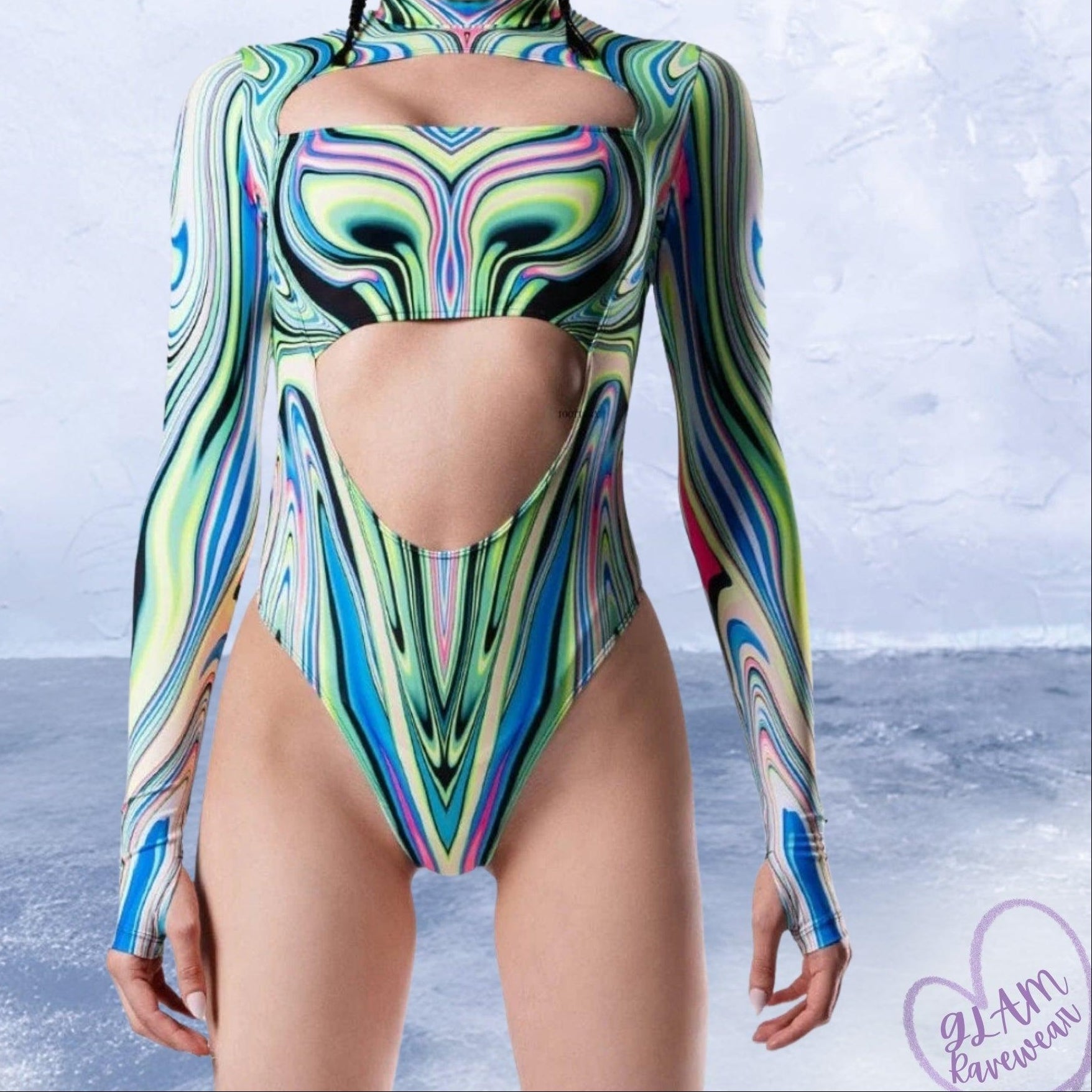 Mind Melt Low - Cut Long Sleeve Rave Bodysuit Luxury Ravewear by GLAM Ravewear