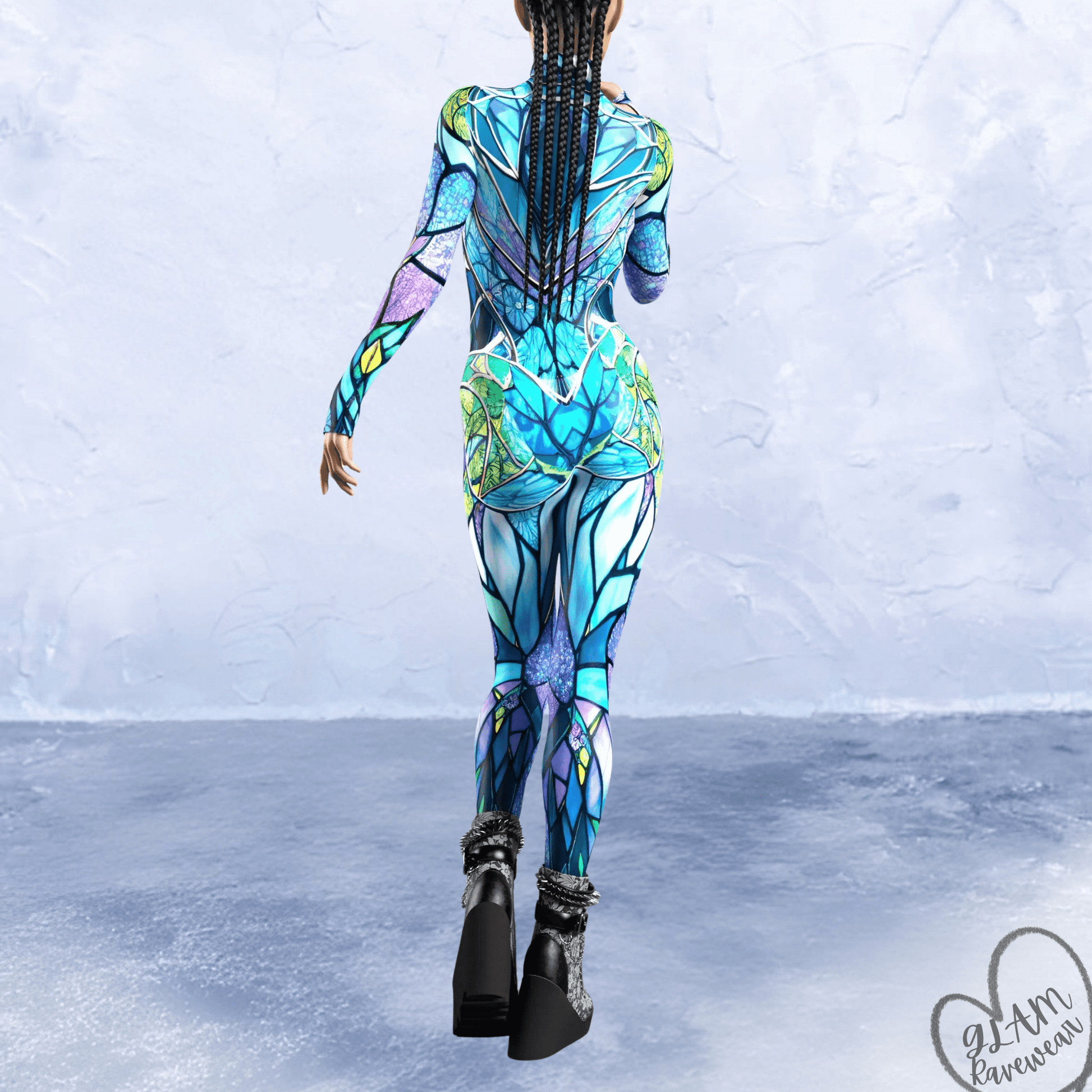 neon cathedral rave catsuit bodysuit back view full length neon festival outfit women