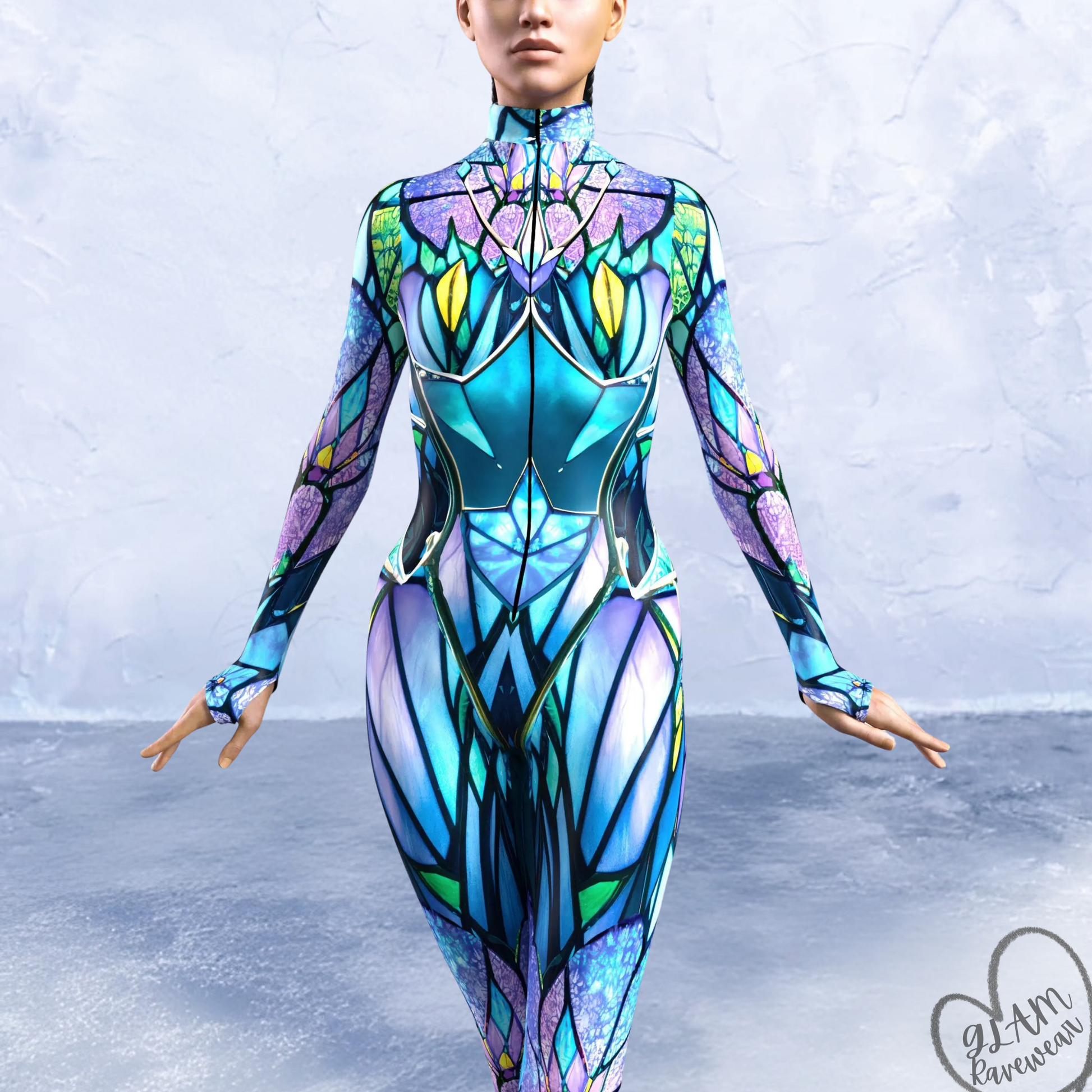 neon cathedral rave bodysuit detail close up neon symmetrical pattern festival outfit
