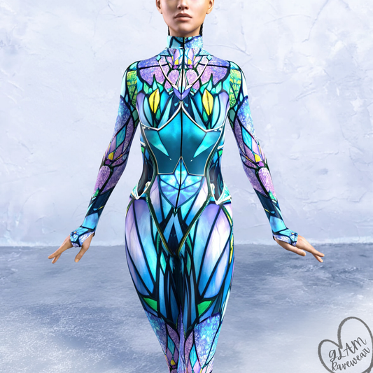 neon cathedral rave bodysuit detail close up neon symmetrical pattern festival outfit