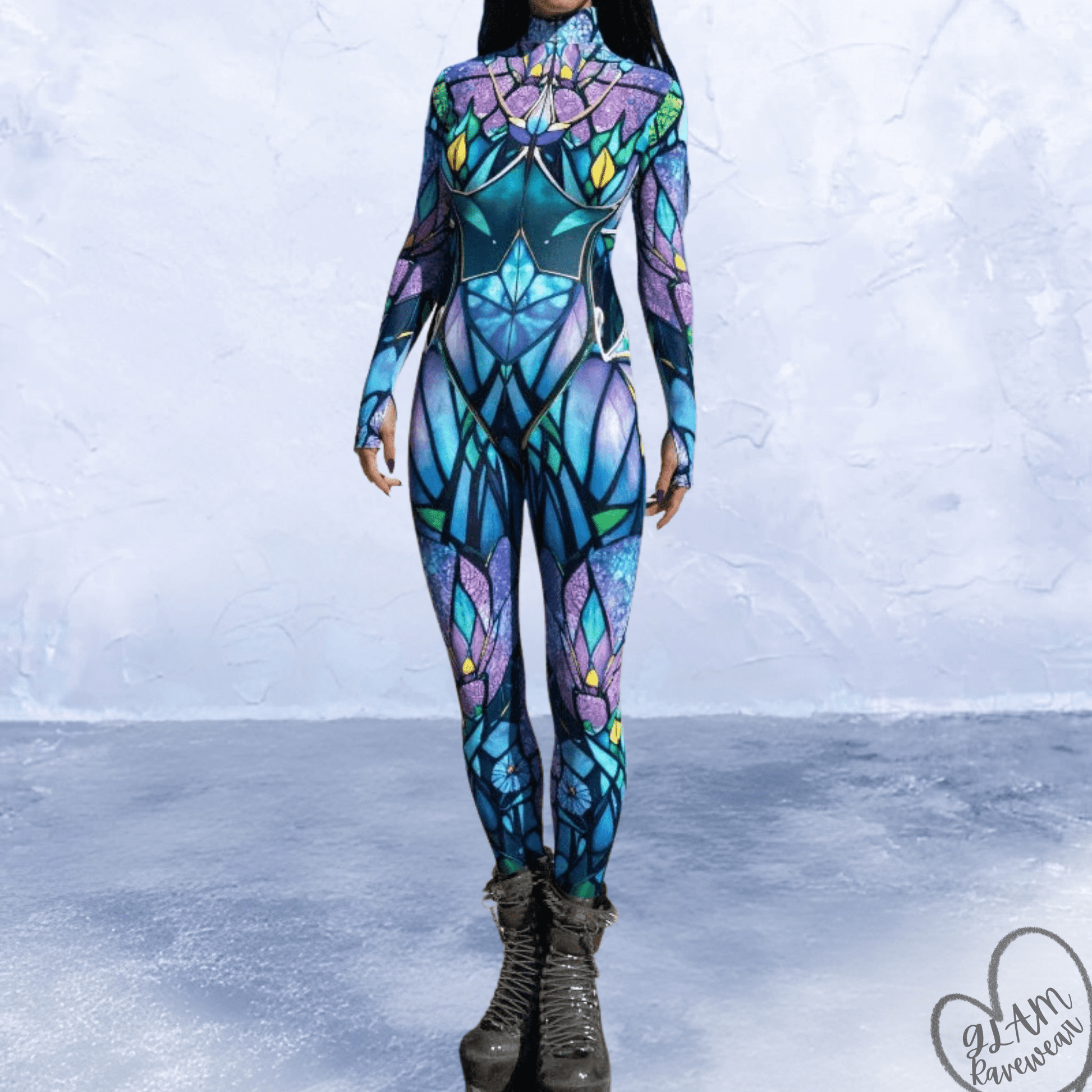 neon cathedral full body rave catsuit bodysuit front view neon festival outfit glam ravewear