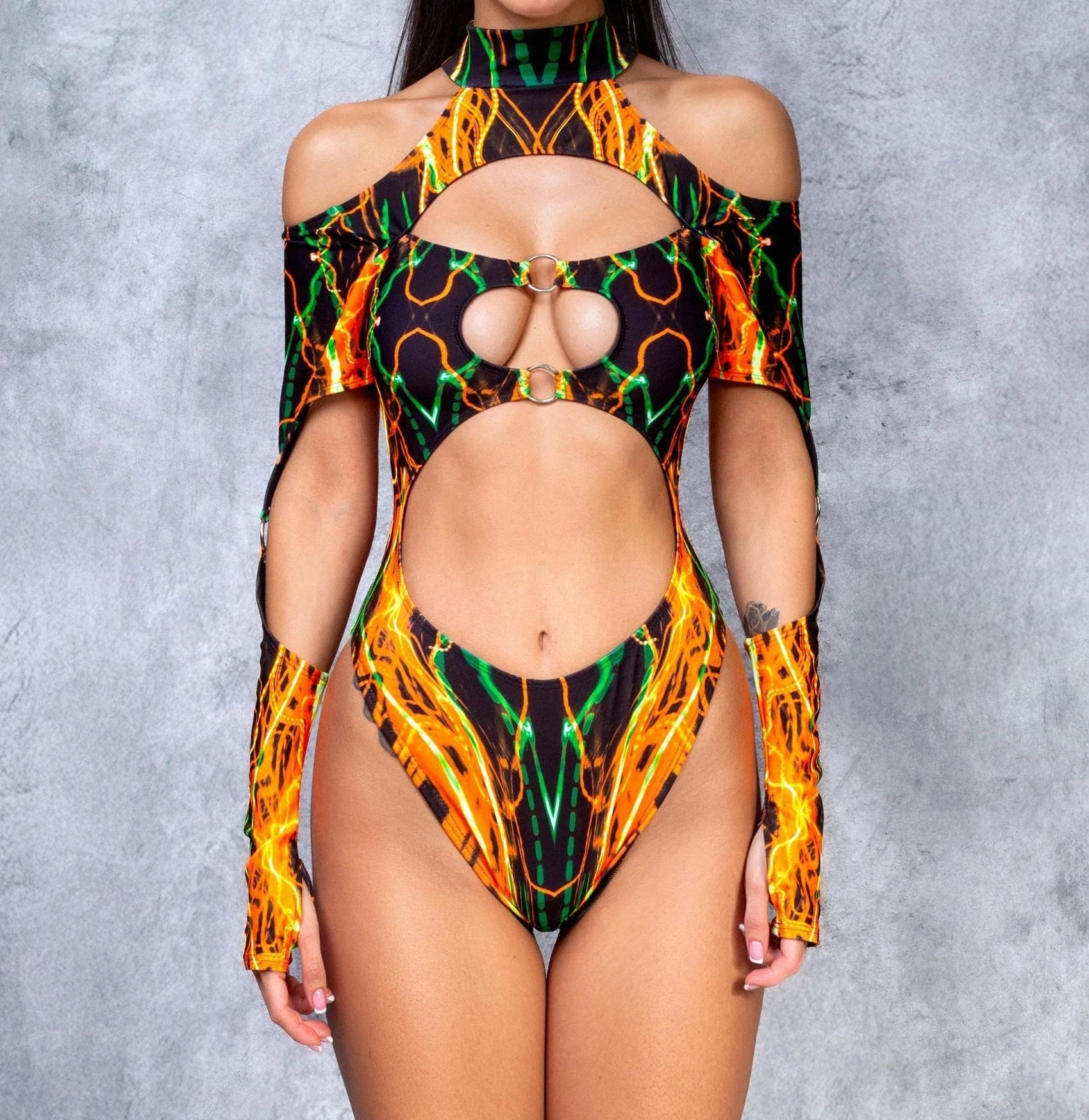 Neon Inferno Cut - Out Rave Bodysuit Luxury Ravewear by GLAM Ravewear